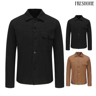 [fo] Nam fall jacket turn-down collar single-breasted buttons pocket solid color long sleeves soft streetwear men vintage coat
