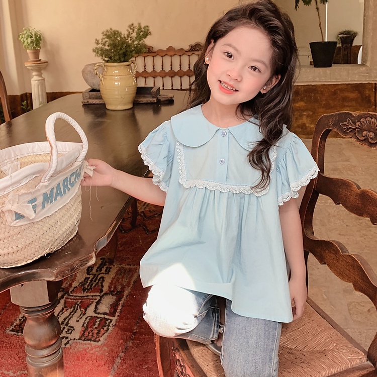 2023 áo sơ mi trẻ em mới mùa hè baby doll collar girls 'top french sweet