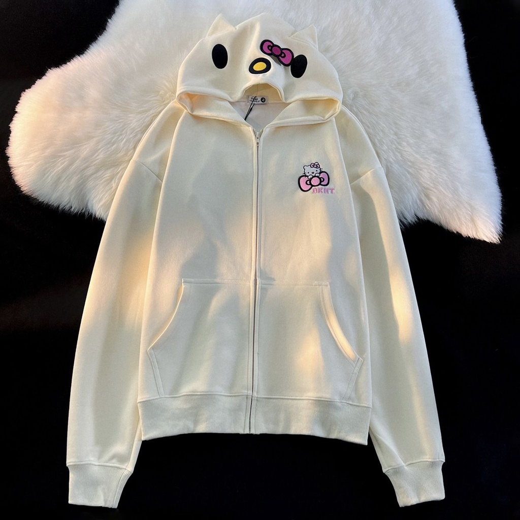 Áo Khoác Hoodie Có Khóa Kéo Thêu Hình Mèo kitty Dễ Thương