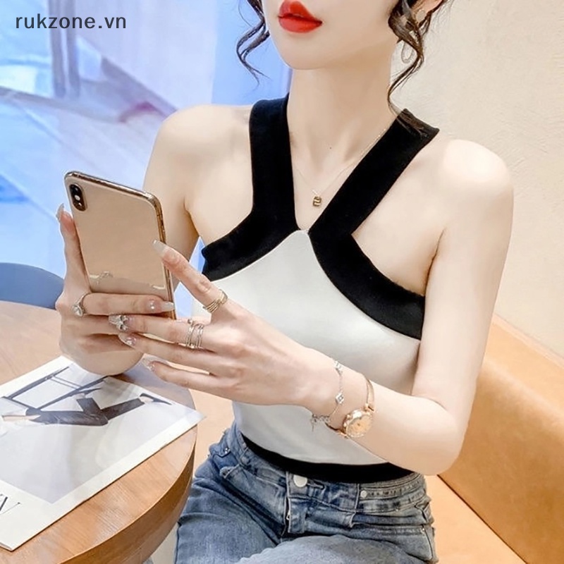 Zon mùa hè tương phản màu Áo hai dây dệt kim phụ nữ sexy không tay mỏng trên cùng ig