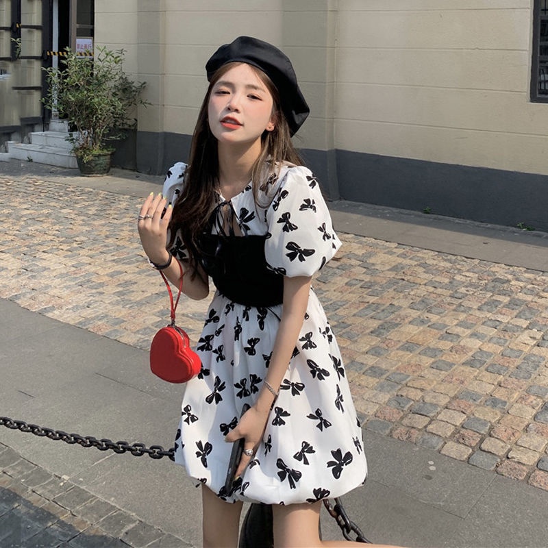 Váy của phụ nữ eo mới tay phồng váy nơ v-cổ váy pháp a-line của phụ nữ nipped-eo mới tay phồng tay áo nơ váy cổ áo kiểu pháp