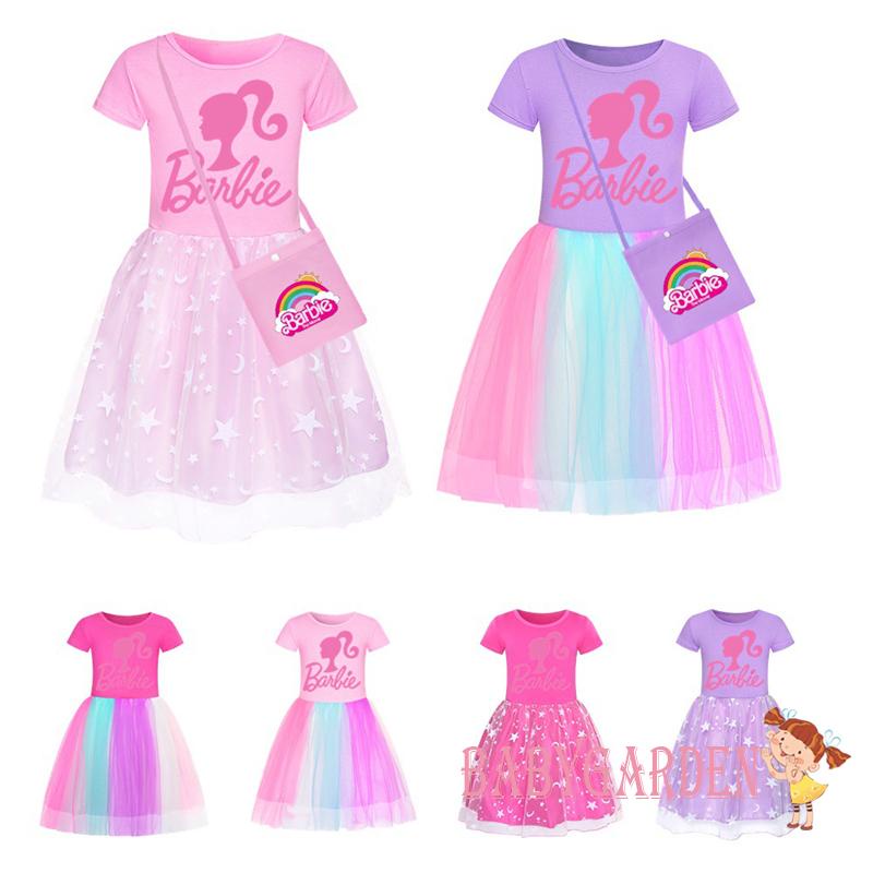 Đầm Công Chúa barbie Tay Ngắn Phối Lưới In Chữ Kèm Túi Đeo Chéo Dễ Thương Cho Bé Gái 3-12 Tuổi