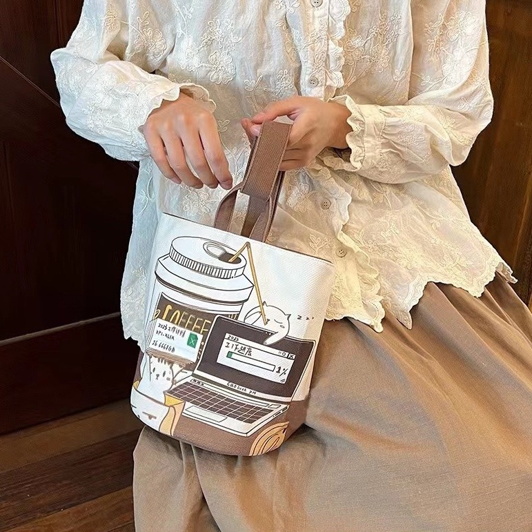 Túi xô vải mới cà phê mèo in túi xách nhỏ bento túi nhỏ