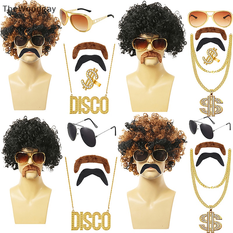 Thewoodgay 1 bộ nam giới màu đen ngắn xoăn tổng hợp cosplay tóc giả vàng nâu những năm 70 80 disco mustache chuỗi vàng halloween trang phục bên tóc giả en