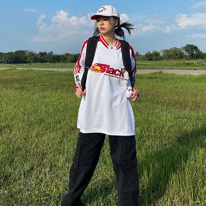 YOUTANG Áo Thun Thể Thao Tay Dài Chui Đầu In Chữ Lửa Phong Cách Đường Phố Mỹ Cho Nam Và Nữ