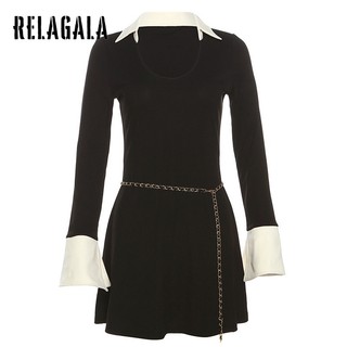RelaGala Nữ Mới Thường Ngày Đơn Giản Ôm Ve Áo Dài Tay Eo Cao Quấn hông Đầm