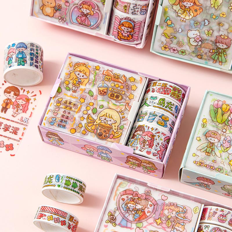 Hộp 8 món băng keo dính Washi tape + sticker dán trang trí sổ lưu niệm DIY hoa tiết hoạt hình cute OUYOUVN