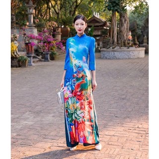 Set áo dài lụa xanh cao cấp orchid gd26o362