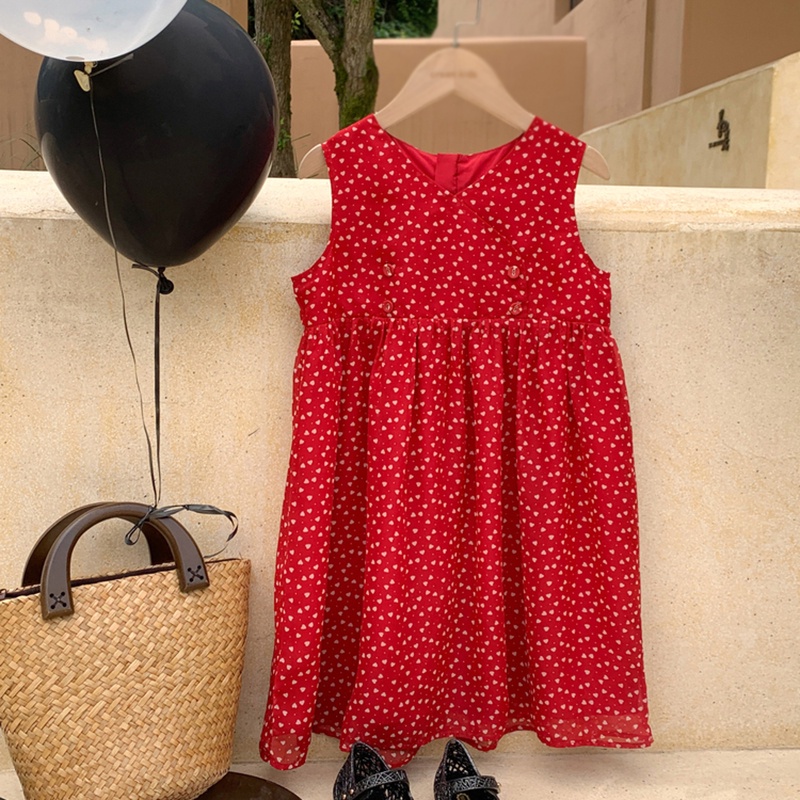 Váy bé gái phiên bản hàn quốc mùa hè v-cổ không tay váy vest chấm bi