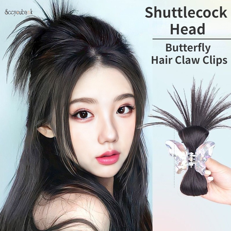 Lazy fluffy synthetic wigs half-tie shuttlecock head claw clips women girls y2k sweet cool hairpieces fashion crystal butterfly grab clips dụng cụ tạo kiểu tóc phụ kiện tóc