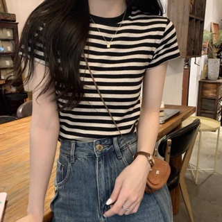 Áo thun baby tee nữ kẻ sọc xám tiêu 2 màu đen hồng vải cotton 100% co dãn 4 chiều Hascoo TKS2