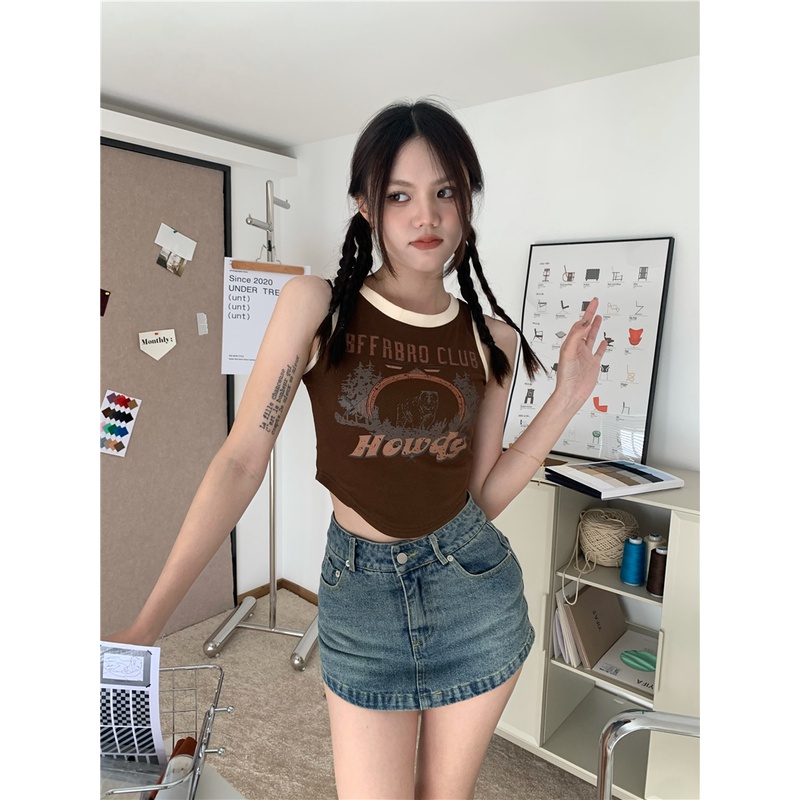 Cocory vn Áo Crop top Ôm Dáng Vừa Vặn In Họa Tiết Retro Mỹ Dễ Phối Đồ Cho Nữ