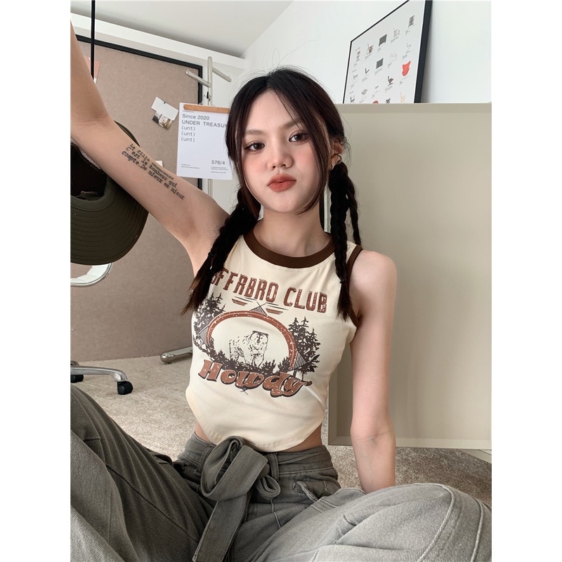 Cocory vn Áo Crop top Ôm Dáng Vừa Vặn In Họa Tiết Retro Mỹ Dễ Phối Đồ Cho Nữ
