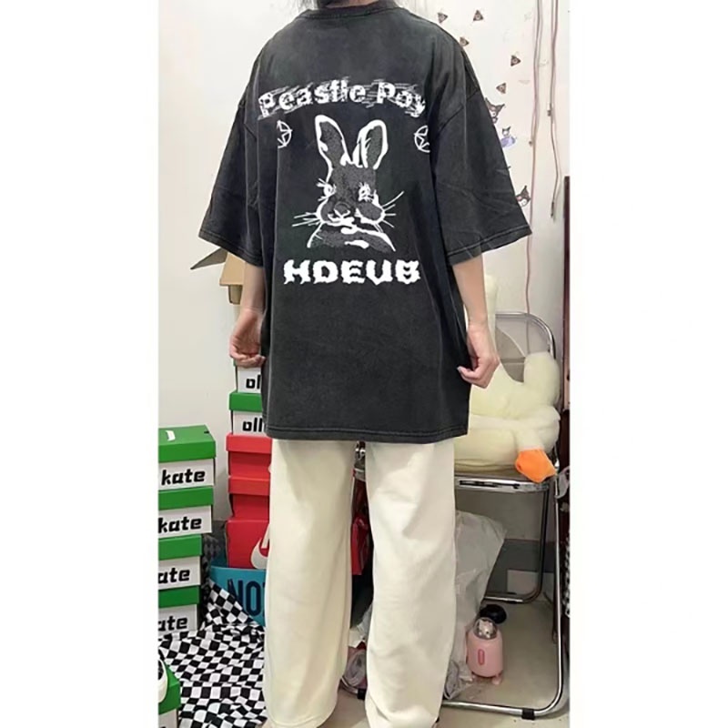 NRVP Áo Thun Đen 100% Cotton Tay Ngắn Dáng Rộng In Hoạ Tiết Độc Đáo