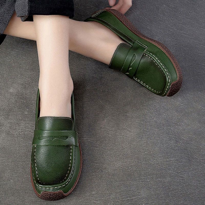 Giày Lười Da Bò Đế Mềm Mũi Tròn Phong Cách vintage Thời Trang Mùa Xuân 2023