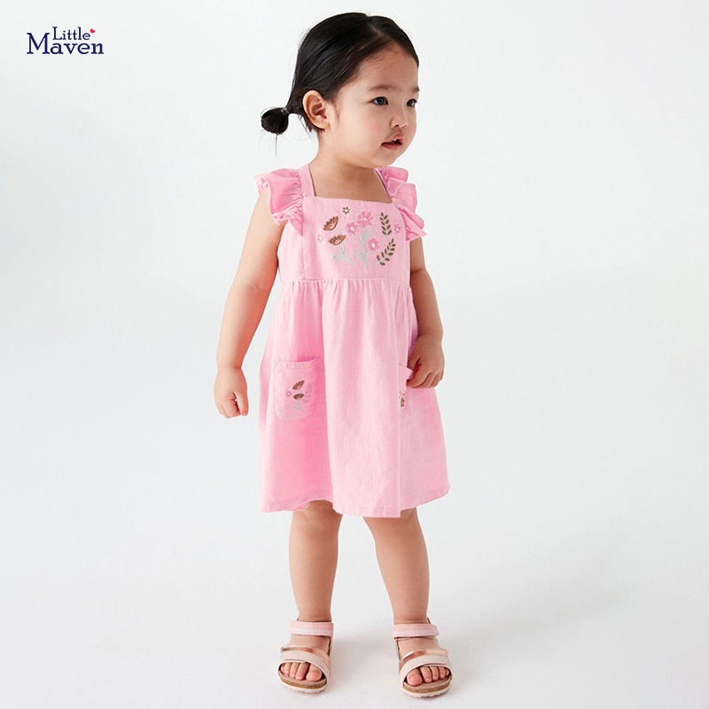 Đầm Công Chúa Tay Lửng Chất Liệu Cotton Thêu Họa Tiết Xinh Xắn Cho Bé Gái