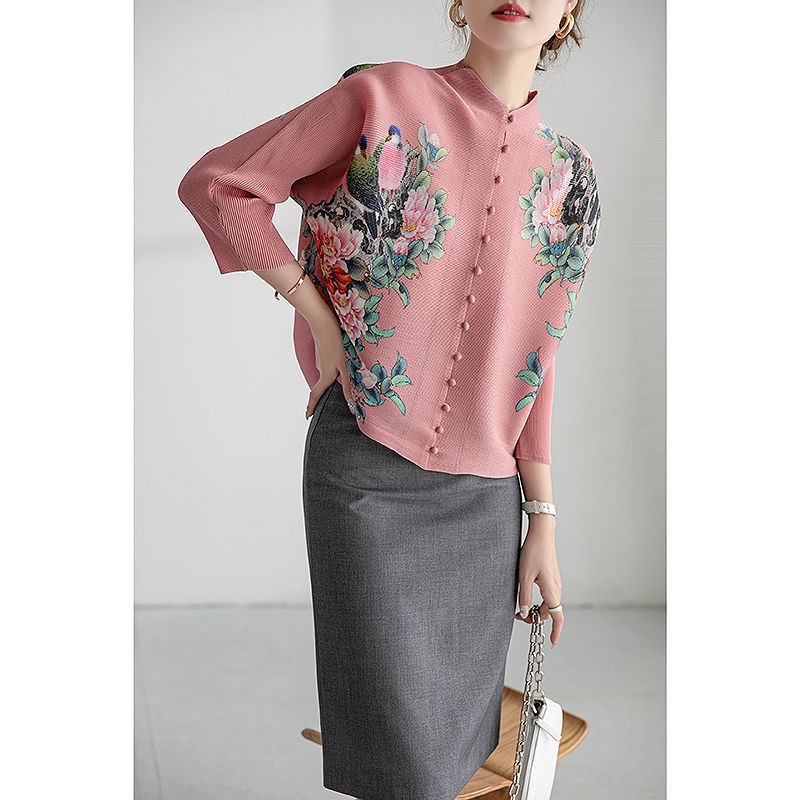 Áo Khoác Cardigan Xếp Ly Dáng Rộng In Họa Tiết Thổ Cẩm Kiểu Retro Thời Trang Mùa Hè 2023