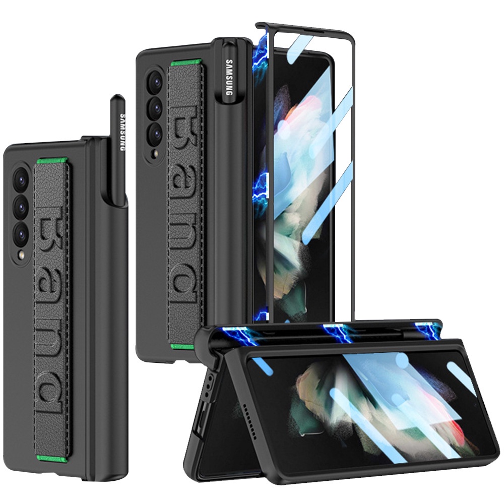 Ốp Điện Thoại Có Dây Đeo Và Ngăn Đựng Bút Xoay 360 Độ Cho Samsung Galaxy Z Fold 3° Miếng Dán Bảo Vệ Màn Hình Chống Sốc Bằng PC Cứng Cho Điện Thoại