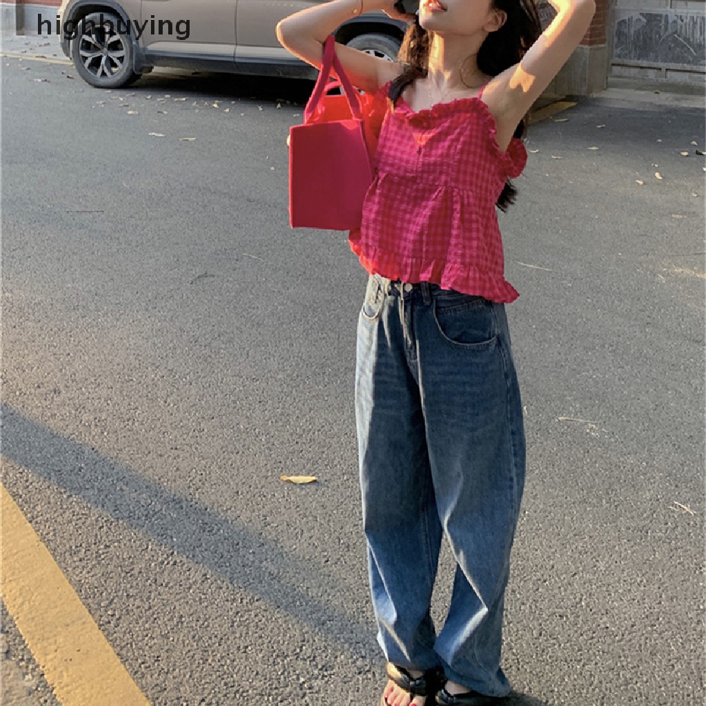 Áo Hai Dây Y2k Nhún Bèo Họa Tiết Caro Ngọt Ngào Thời Trang Đường Phố Cho Nữ