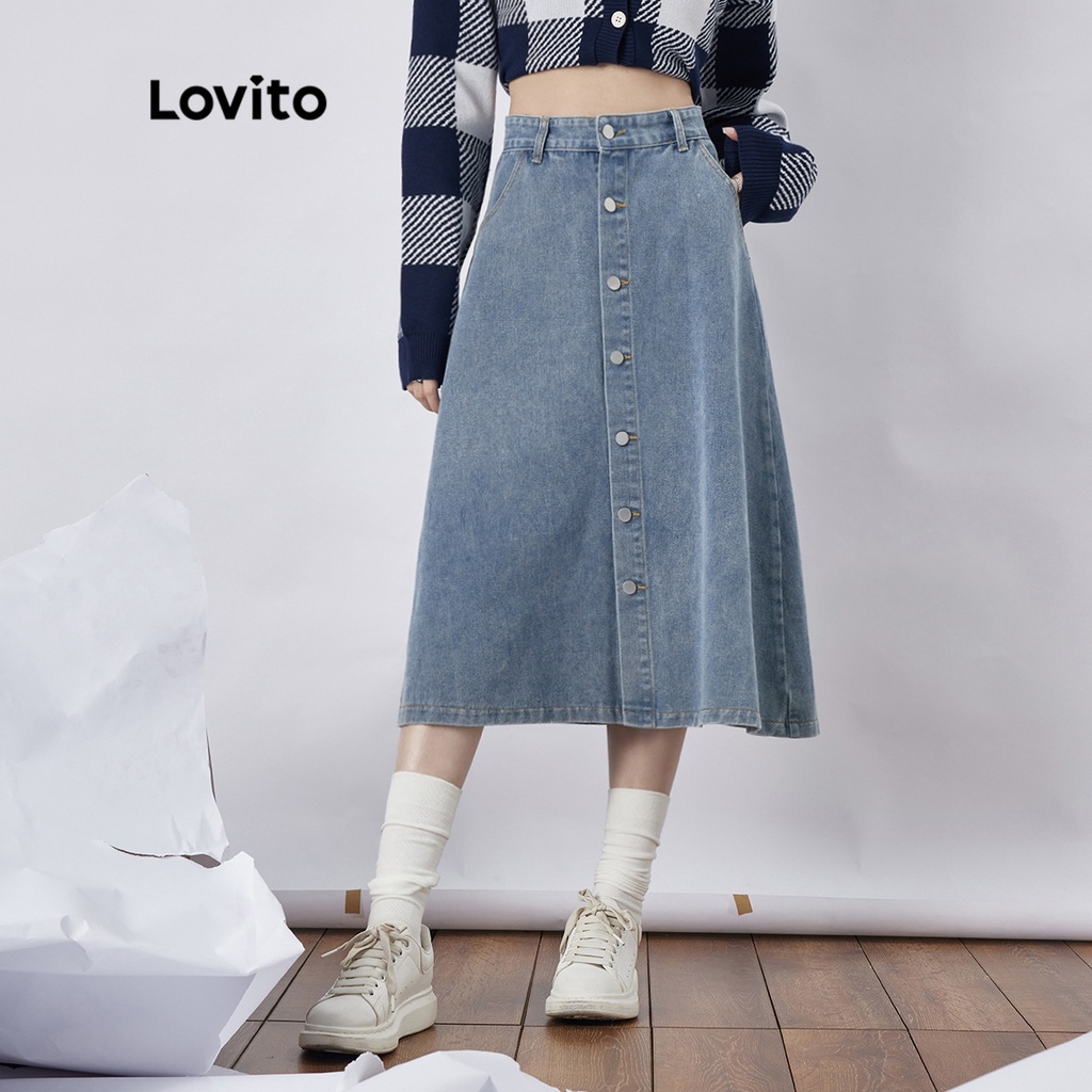 Lovito Nút trơn giản dị Kết cấu tốt phía trước Váy Denim nữ Midi L39AD078 (Xanh nhạt)