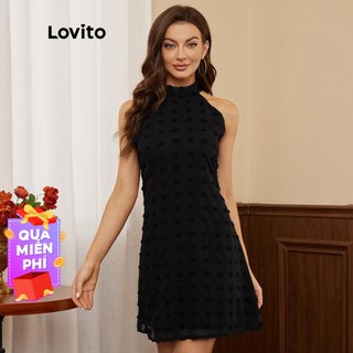 Đầm hai dây Lovito màu trơn họa tiết chấm bi thanh lịch ống loe L17D094 (màu đen)