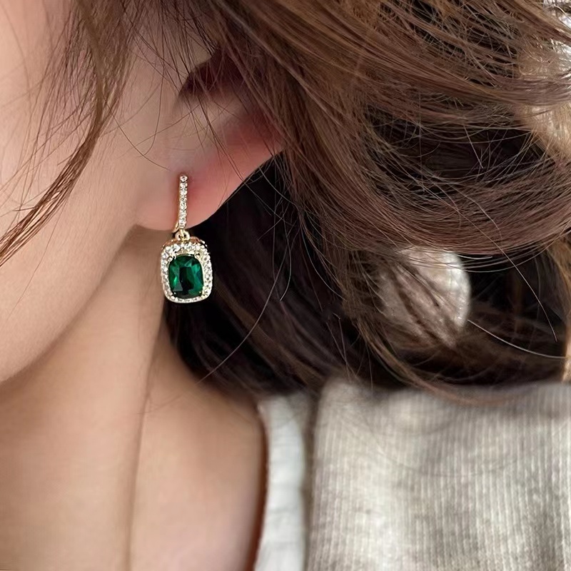 Khuyên Tai Bạc 925 Dáng Vuông Màu Xanh Lá Phong Cách retro Thời Trang Mới 2023 Dành Cho Bạn Nữ