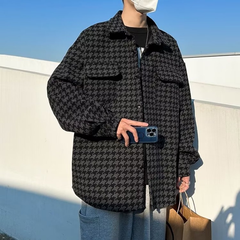 Áo Khoác Sơ Mi Nam Dài Tay Dáng Rộng Họa Tiết Caro Phong Cách Retro