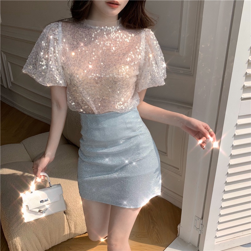 Đầm Chữ a Tay Ngắn Phồng Đính Kim Sa Eo Cao Thời Trang Mùa Hè Phong Cách Pháp Quyến Rũ Dành Cho Nữ