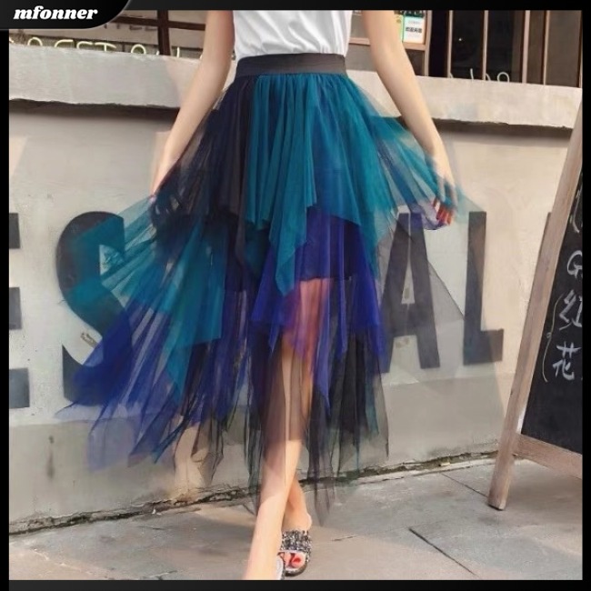 Chân Váy Chữ A Phối Lưới Lệch Tà Màu Tương Phản Thời Trang Mùa Hè Cho Nữ