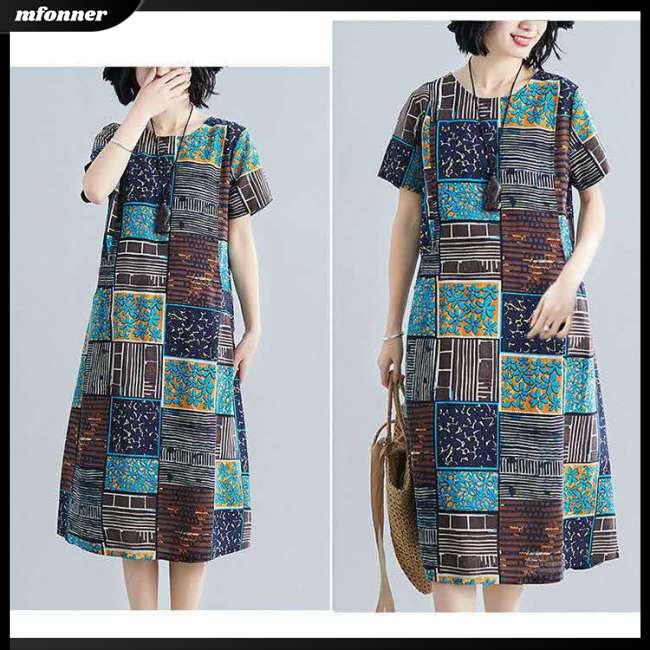 Đầm Midi Tay Ngắn Dáng Rộng Cổ Tròn Plus Size Thời Trang Mùa Hè Cho Nữ