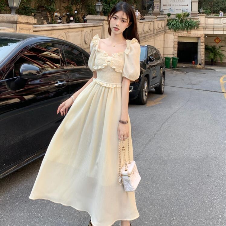 Đầm Tay Phồng Dáng Chữ A Màu Vàng Phong Cách Pháp Ngọt Ngào Thời Trang Mùa Hè Cho Nữ