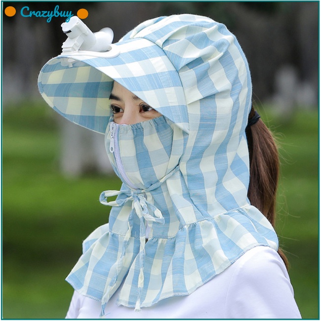 Cr Mũ Chống Nắng Chống Gió Bảo Vệ Mặt Và Cổ Họa Tiết Kẻ Sọc Kèm Quạt