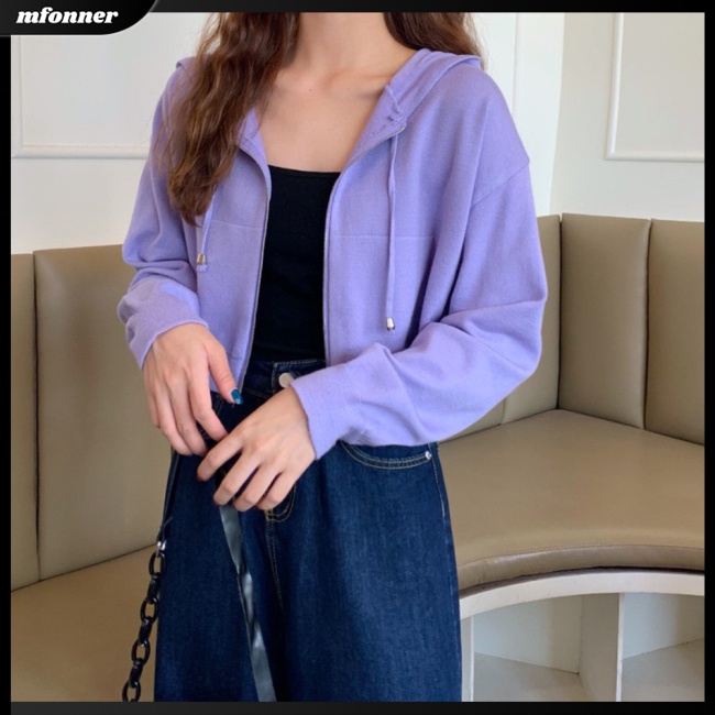 Áo Khoác Cardigan Lửng Có Nón Trùm Đầu Phối Dây Rút Dài Tay Trọng Lượng Nhẹ Toàn Diện Cho Nữ
