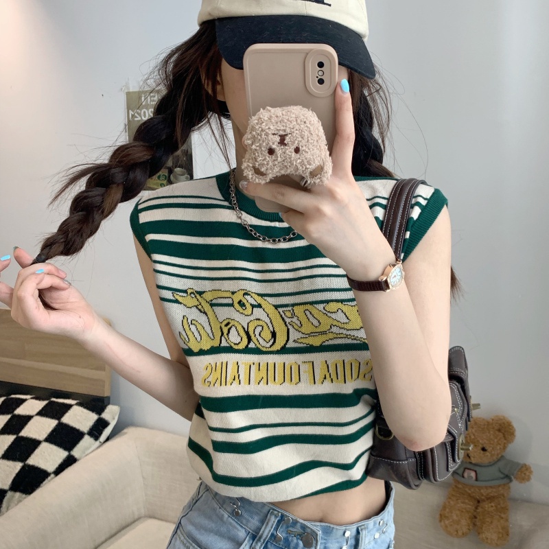 Áo Dệt Kim Sát Nách Dáng Rộng In Chữ Màu Sắc Tương Phản Phong Cách Mỹ Cho Nữ