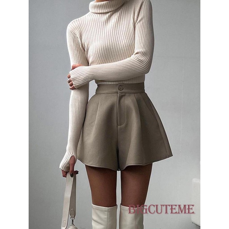 [] - Quần ngắn ống rộng Lưng Cao Màu Trơn Thời Trang Mùa Thu Đơn Giản Khí Chất Retro.Apricot / Nâu Cho Nữ