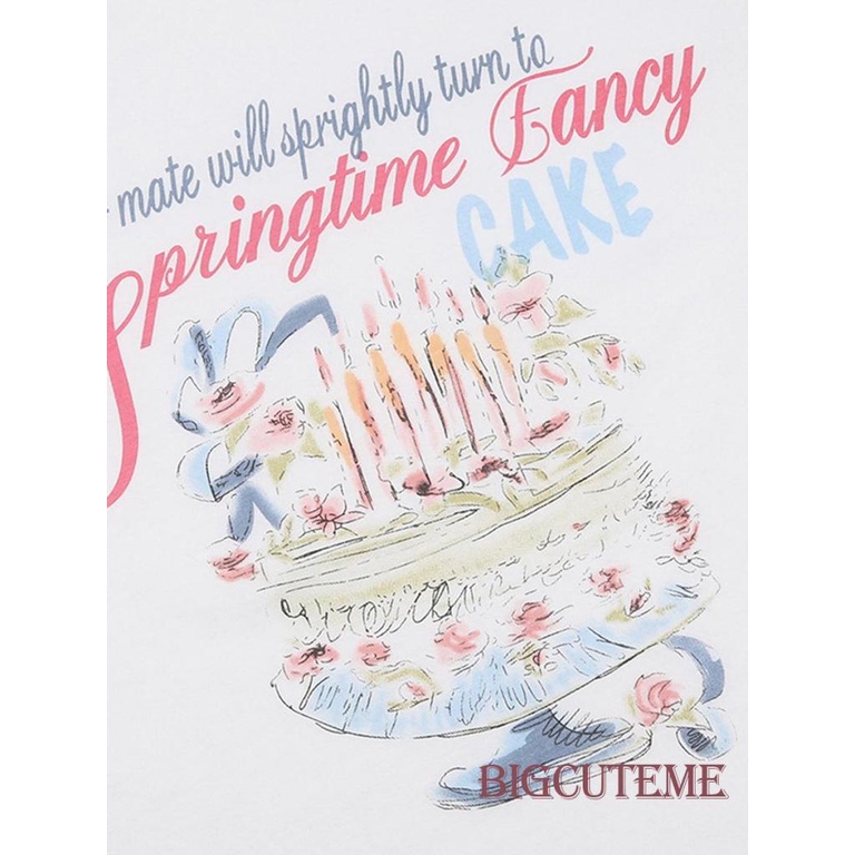 [] Áo Thun Crop Top Tay Ngắn Cổ Tròn In Hình Bánh Kem Và Chữ Cái Màu Trắng Cho Nữ