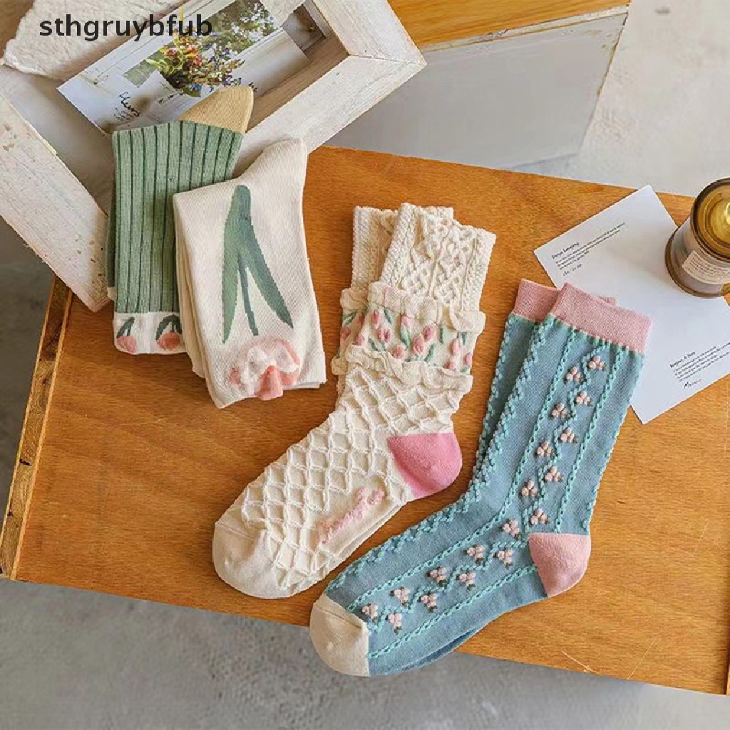 Đôi Tất Cotton Trang Trí Hoa Thời Trang Hàn Quốc Cho Nữ