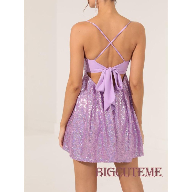 [] - Đầm Hai Dây Mini Hở Lưng Đính Kim Sa Màu Tím / Đỏ / Đen / Xanh Lá Mùa Hè Cho Nữ
