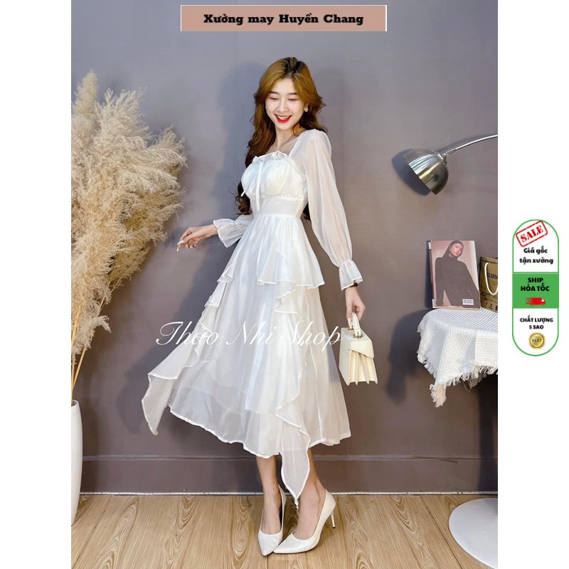 Đầm nữ cổ vuông màu trắng dáng xòe, Váy nữ xòe nhiều tầng