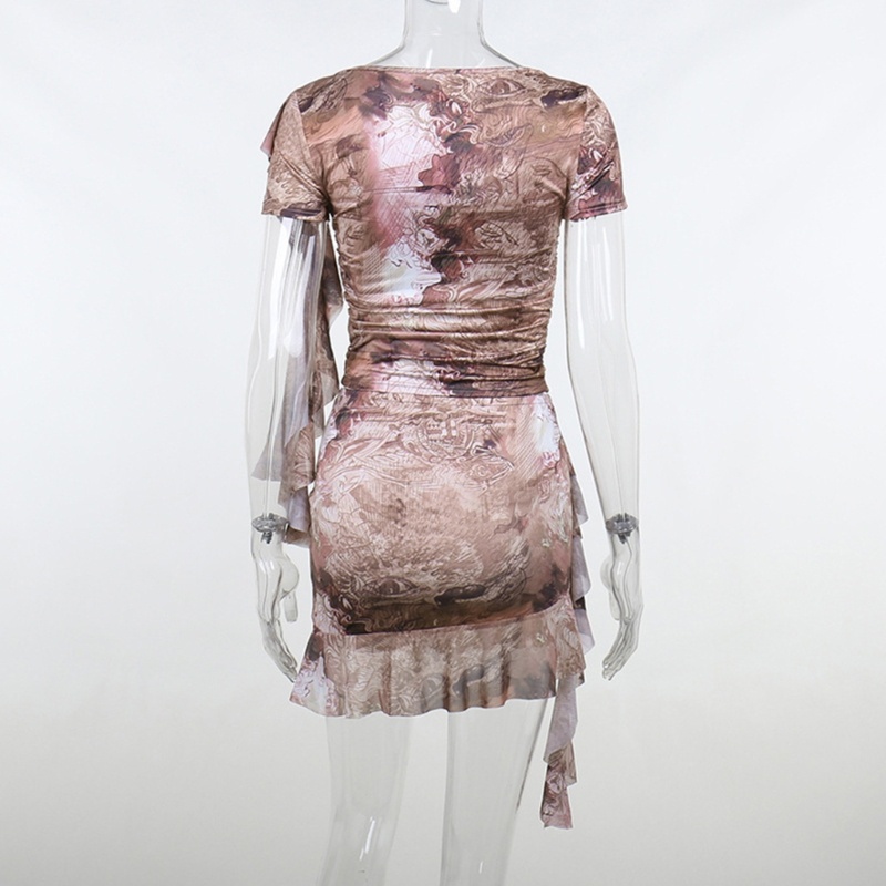 Bộ Áo Croptop Ngắn Tay Phối Bèo + Chân Váy Mini 2 Mảnh In Họa Tiết Trừu Tượng Thời Trang Mùa Hè Cho Nữ