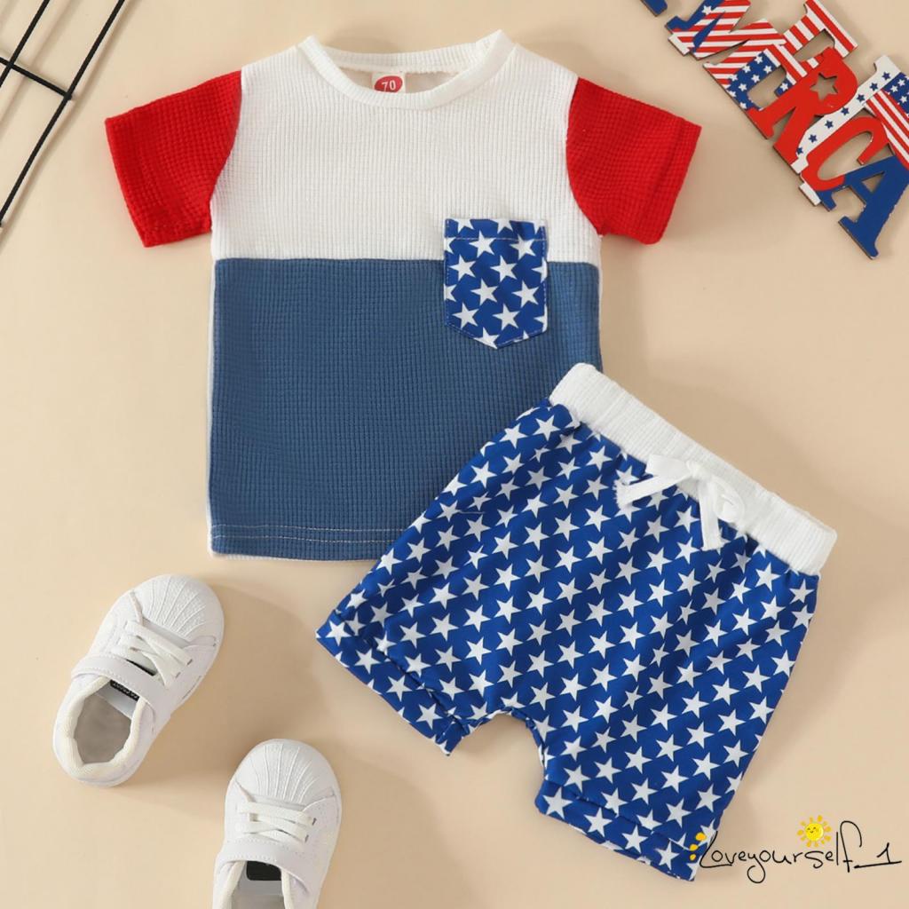 Bộ Áo Thun Cộc Tay Cổ Tròn + Quần Short Rút Dây In Họa Tiết Ngôi Sao Màu Sắc Tương Phản Thời Trang Mùa Hè Cho Bé Trai