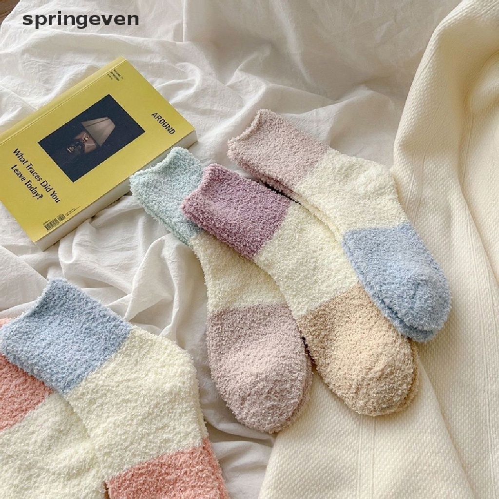 Springeven Vớ Nhung San Hô Dày Dặn Ấm Áp Màu Macaron Hình Mặt Trăng Mùa Thu / Đông Cho Nữ Mặc Ngủ Tại Nhà