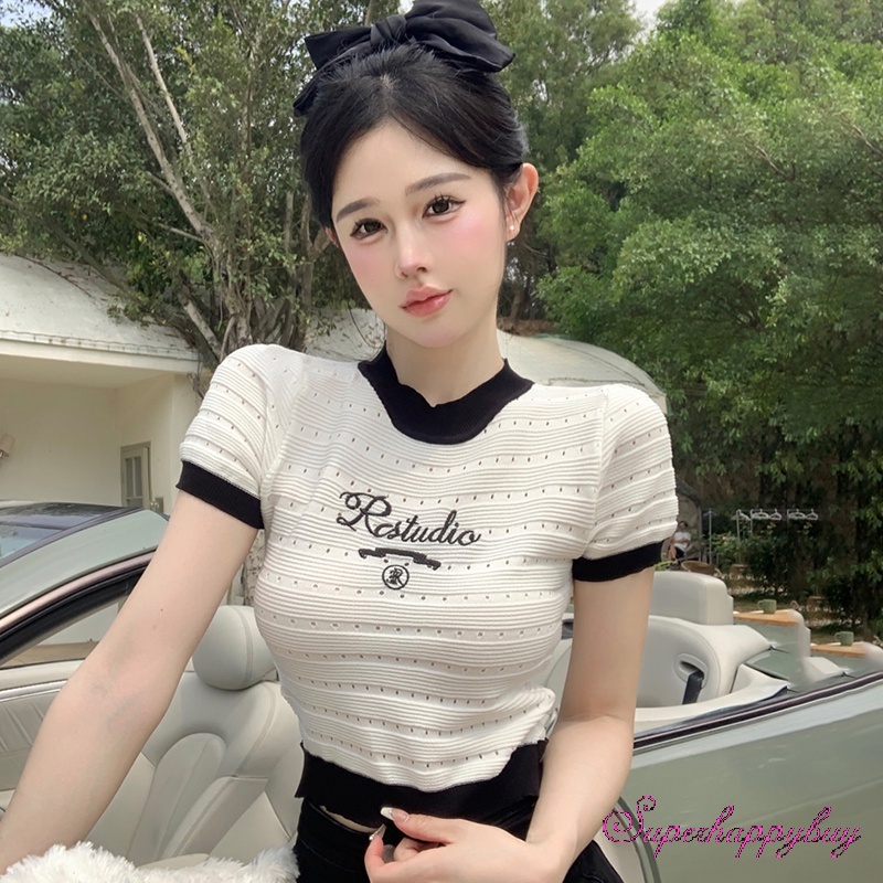 Áo Dệt Kim Tay Ngắn Hở Rốn In Chữ Thời Trang Cho Nữ