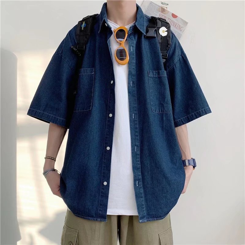 Áo Sơ Mi Denim Tay Ngắn Phong Cách Retro Hong Kong Thời Trang Mùa Hè Mới Cho Nam