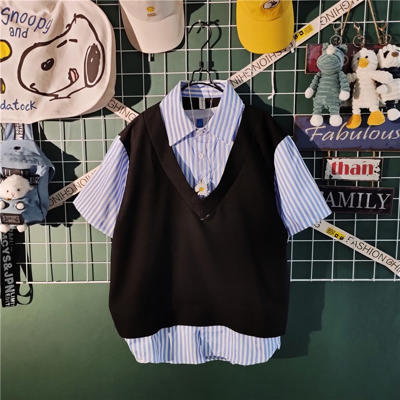 Áo Sơ Mi Giả Hai Lớp + Quần Short Dáng Rộng Thời Trang Mùa Hè Cho Nam