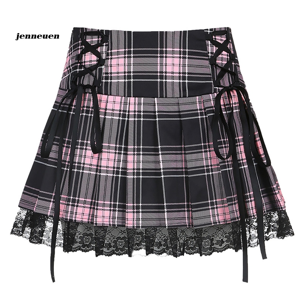 Chân Váy Ngắn Hóa Trang Mini Xếp Ly Phối Dây Cột Sọc Ca Rô Gợi Cảm Cho Nữ