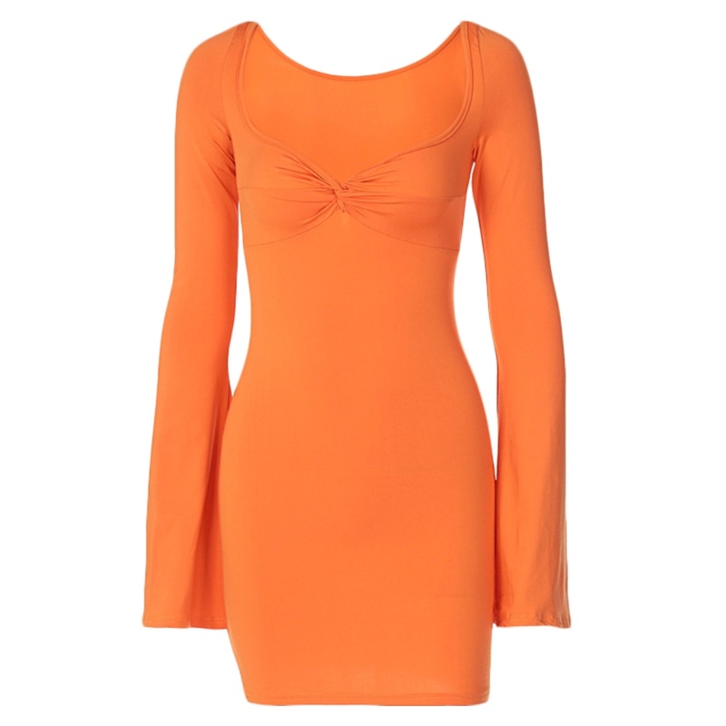 Đầm Mini Ôm Dáng Tay Dài Loe Cổ Xoắn Thắt Nút Trước Thời Trang Cho Nữ