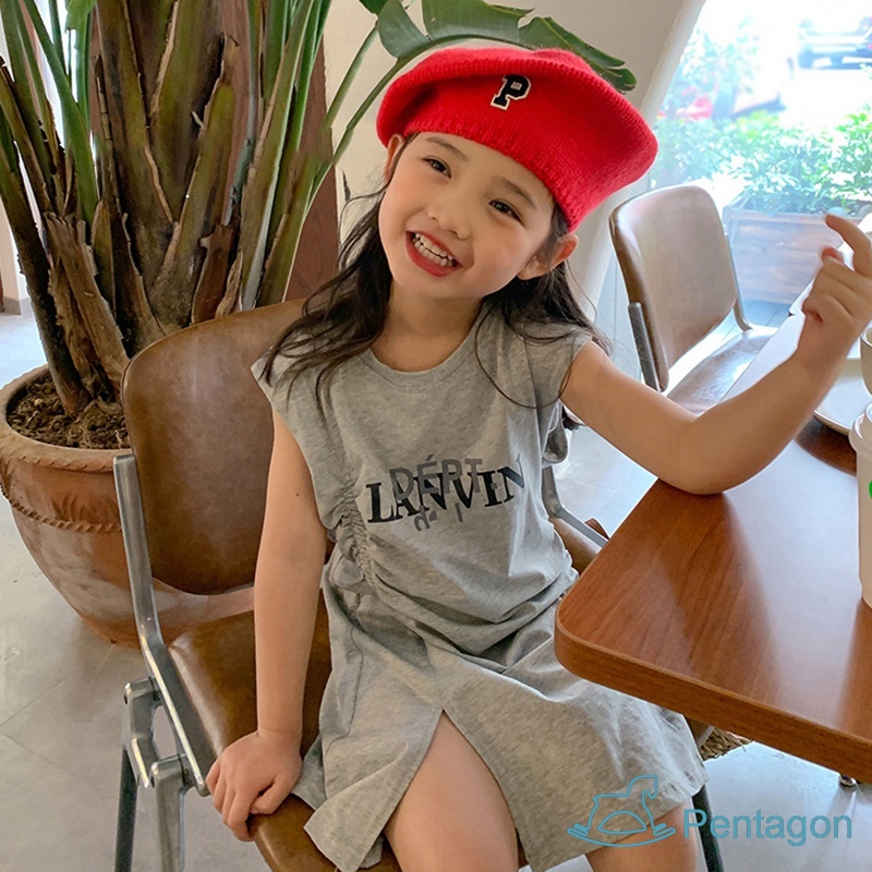 Đầm Thun Cotton Sát Nách Cổ Tròn In Chữ Thời Trang Mùa Hè Cho Bé Gái