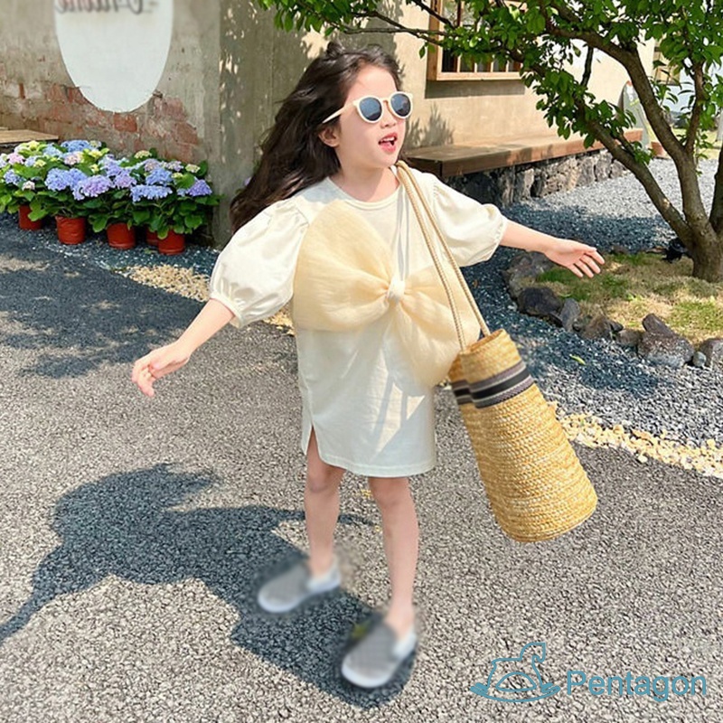 Đầm Tay Ngắn Cổ Tròn Dáng Suông Đính Nơ To Thời Trang Mùa Hè Xinh Xắn Cho Bé Gái