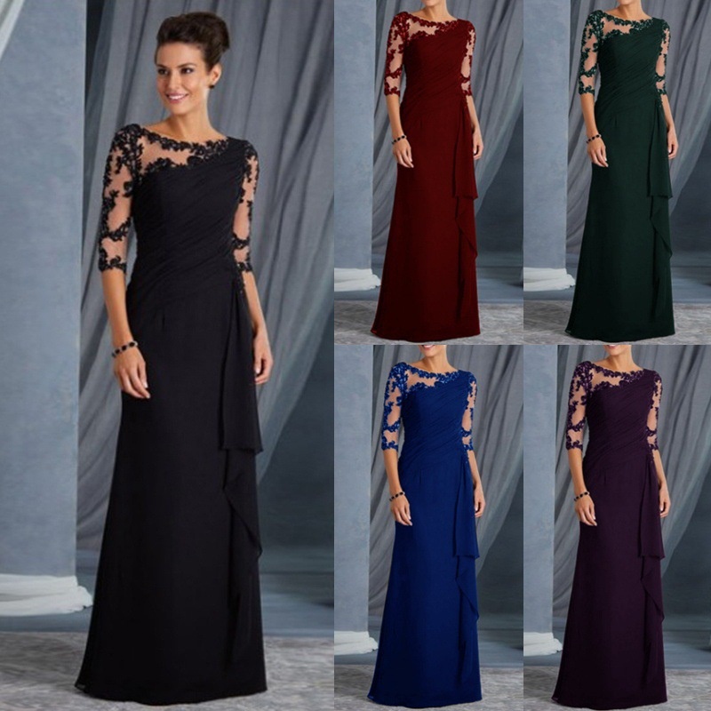 Đầm Maxi Tay Lỡ Phối Ren Hoa Thiết Kế Cổ Tròn Thanh Lịch